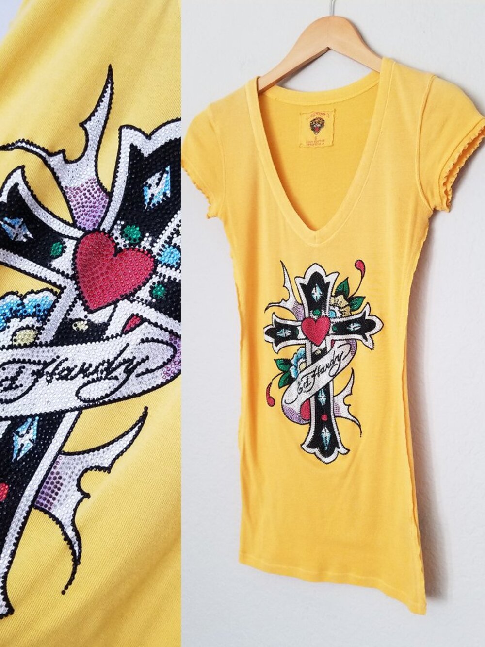 VINTAGE Ed Hardy Yellow Rhinestone Cross Graphic Baby Tee S V-Neck Top Y2K Long